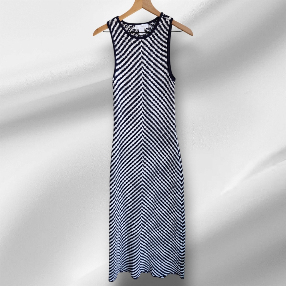LHOUSE OF HARLOW 1960 Navy Blue and White Crochet Knit Chevron Maxi Dress